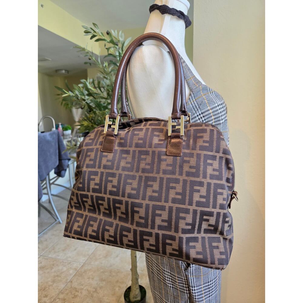 Fendi Zucca Canvas Brown Leather Trim Satchel Bag Silver Hardware Tote Vintage - Picture 15 of 16